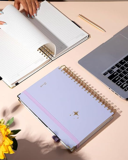 FLYING EAGLE Leather Spiral Notebooks for Work 5 Subject Notebook College Ruled with Dividers Pen, 360 Pages B5 Hardcover Lined Journals for Women Men Writing,Purple