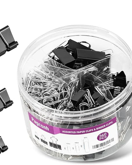 360 Pcs Paper Clips and Binder Clips Assorted Sizes, Large Medium Small Size Silver Paper Clips & Black Binder Clips with Container, for Office, Home, School Supplies