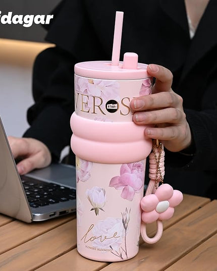 24 oz Stainless Steel Tumbler with Lid and Straw, Insulated Coffee Mug, Leak Proof, Portable Iced Travel Water Bottle, Reusable Thermal Coffee Cup, Floral Pink