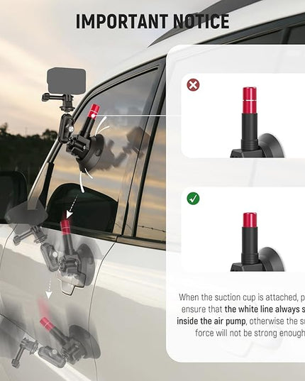 NEEWER Triple Suction Cup Car Mount Kit, Carbon Fiber Camera Mount with Action Camera Adapter, NATO Rail & 24"/60cm Extension Pole Compatible with GoPro Insta360, 2.2lb/1kg Max Load, CA136