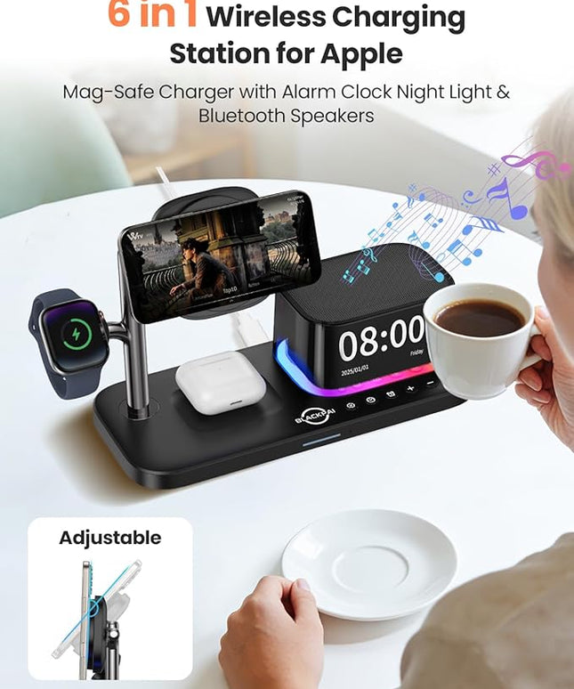 6-in-1 Wireless Charging Station for Multiple Apple Devices with Bluetooth Speakers Alarm Clock Night Light，Qi2.2 Phone Charger Stand for iPhone 17/16/15/14/13/12 Pro Max Apple Watch Airpods