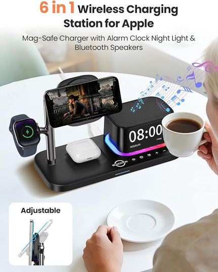 6-in-1 Wireless Charging Station for Multiple Apple Devices with Bluetooth Speakers Alarm Clock Night Light, Qi2.2 Phone Charger Stand for iPhone 17/16/15/14/13/12 Pro Max Apple Watch Airpods