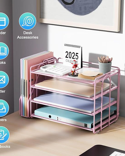 gianotter 4-Tier Paper Organizer With Magazine Holder, Desk Organizers and Accessories, Desk Accessories & Workspace Organizers, File Organizer for Office Supplies Storag (Pink, 4-Tier)