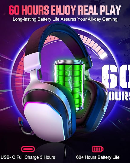 Wireless Gaming Headset for PS5 PS4 PC Mac Switch, RGB Headphones with 7.1 Surround Sound, Bluetooth 5.4, 60H Battery, Noise Canceling Mic & 50mm Drivers