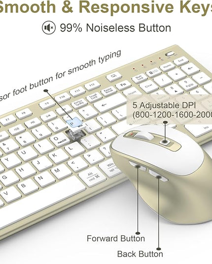 Wireless Keyboard and Mouse, USB Type C Rechargeable Slim Silent Keyboard Mouse, Compact Full-Size Keyboard with Number Pad and Cover for Windows, macOS, PC/Computer/Laptop - Gold