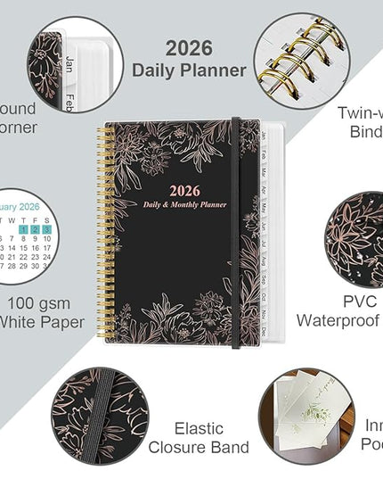 Daily Planner 2026 Full Page Per Day- 2026 Daily & Monthly Planner from January 2026 to December 2026, Day Planner 2026 with 12 Months Tabs, 8.5" x 11", Black Flowers