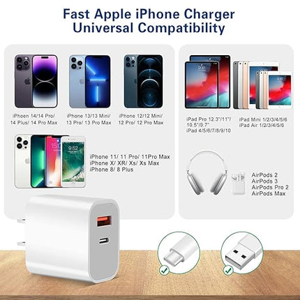 Fast Charger iPhone,Dual Port A/C iPhone Charger Fast Charging Adapter,2Pack Quick Double Phone Wall Charger Block,Apple Charger Block 10FT USB C to Lightning Cable foriPhone 14/13/12/11/ProMax/XS/XR
