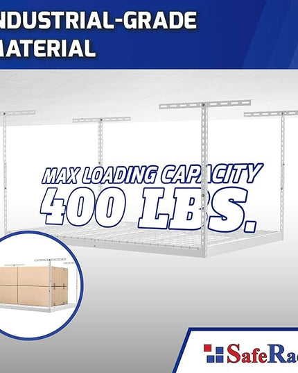 SafeRacks Overhead Garage Storage Rack - Heavy Duty Racks for Garage with 400 lb Capacity, Easy Garage Shelving, Adjustable Storage Rack, Ceiling Mount Storage Shelves 3x6 White (12"-21")