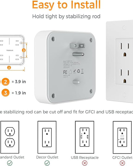 Multi Plug Outlet Extender, TESSAN 4 Outlet Splitter 3 USB Wall Charging Ports (2 USB C), Wide Spaced Multiple Expander Surge Protector for Office, Home, College Dorm Room