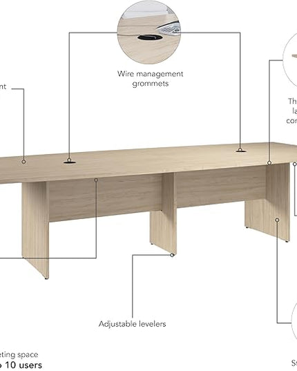 Bush Business Furniture 120-inch Office Conference Table with Wood Base, Boardroom Meeting Space for 10 Users, Natural Elm
