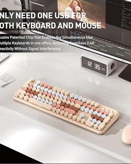 FOPETT 2.4GHz Wireless Keyboard and Mouse Set with Switch Button - Full-Size Keyboard - Compatible for Windows/Laptop/PC/Notebook/Smart TV and More - Milk Tea Colorful