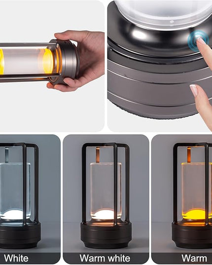 Portable Metal Table Lamp for Indoor/Outdoor ,Rechargeable Cordless LED Lamp, 3-Colour Infinitely Dimming Battery Powered Small Desk Lamp, Restaurant/Bedroom/Bar/Coffee Shop/Camping Light (Grey)