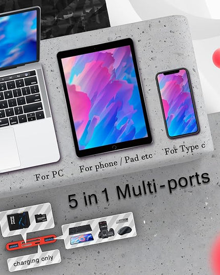 5-in-1 Memory Card Reader, USB OTG Adapter & SD Card Reader for i-Phone/i-Pad, USB C and USB A Devices with Micro SD & SD Card Slots, Supports SD/Micro SD/SDHC/SDXC/MMC(BlackRed)
