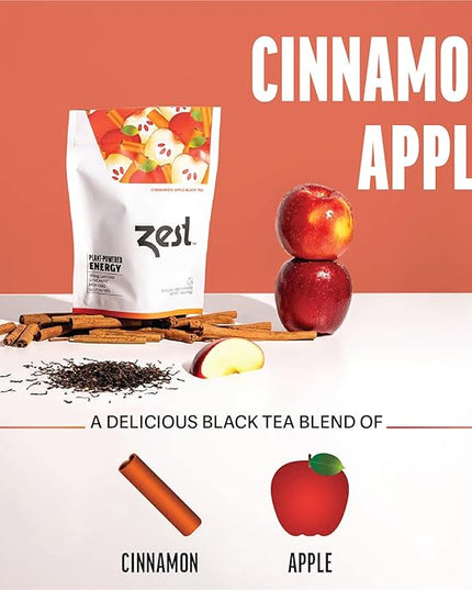 Zest Cinnamon Apple Spice Energy Tea – High Caffeine Black Tea Bags for Focus, Clarity & Morning Energy – Natural Non-GMO Caffeinated Breakfast Tea – Cozy Fall Focus Tea with 150mg Caf – 20Ct Pack