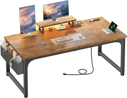 63 Inch Desk with Power Outlets & Storage Bag, Computer Desk with Monitor Stand, 0.95 Inch Thicker Desktop of Office Desk with Light, Writing Desk for Home Office, Study, Bedroom, Brown