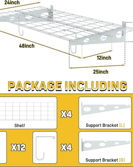 Ultrawall Garage Wall Shelves, 2 x 4 ft Wall Mounted Storage Shelves, Heavy Duty Wall Shelving with Hooks, Holds Up to 220 Lbs, 2Pack, White