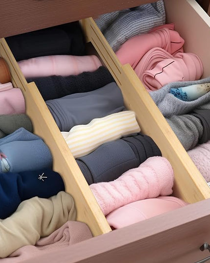 Fabsome Dresser Drawer Organizers 6 Pack, 4.65'' High Adjustable from 12.5-17‘’ Bamboo Drawer Dividers for Clothing Baby Clothes, Wooden Separators for Dresser Nursery Organization with Soft Foam Ends