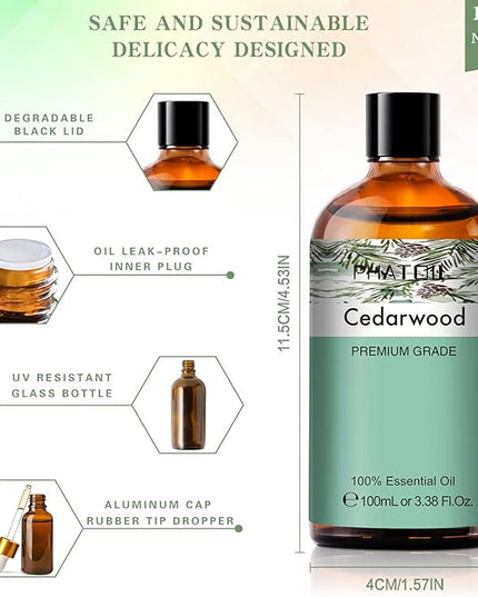 Cedarwood Essential Oil, 3.38Fl.Oz PHATOIL Pure Essential Oil Singles for Aromatherapy Diffusers, Humidifiers, Great for DIY Candle and Soap Making, Gift for Friend