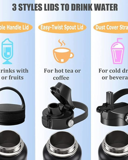 Water Bottle Insulated 32oz 40oz 64oz 128oz Straw Lid Spout Lid & 3 Lids, Leak Proof, Vacuum Insulated,Stainless Steel Water Bottle Wide Mouth for Sports, Gym or Office