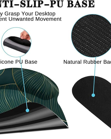 Britimes Ergonomic Mouse Pad Set with Wrist Rest Green Palm Leaves Non-Slip Rubber Base Wrist Cushion Support and Coasters Mousepad with Wrist Support for Computer Keyboard and Desk