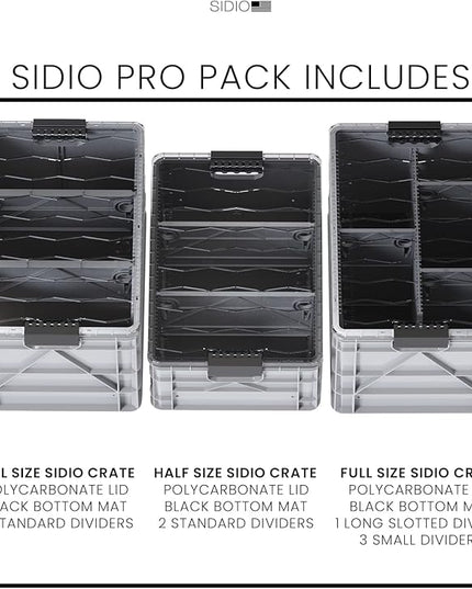 SIDIO CRATE Pro Pack - Two Full Size and One Half Size Heavy Duty Stackable Storage Bins, Totes, Containers with Lids and Dividers - Durable Organizer for Home, Office, Garage, and Outdoor Use - Gray