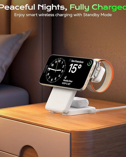 3 in 1 Magnetic Charging Station, 15W Fast Wireless Charger Compatible with MagSafe Charger Stand for iPhone 17 16 15 14 13 12, Apple Watch Charger & AirPods, Foldable Travel Charging Dock, White