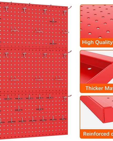 TORACK 3 PCS Metal Pegboard Panels(12x24 inch) for Wall Garage Tools Storage Pegboard System for Workbench, Modular Peg Board Tool Organizer Board Kit(Pack of 3, Red)