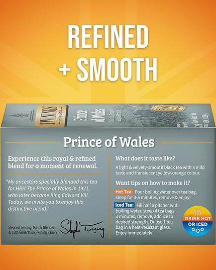 Twinings Prince of Wales Black Tea Individually Wrapped Bags, 20 Count (Pack of 1), Velvety Smooth & Mild, Caffeinated, Enjoy Hot or Iced, 20 Teabags
