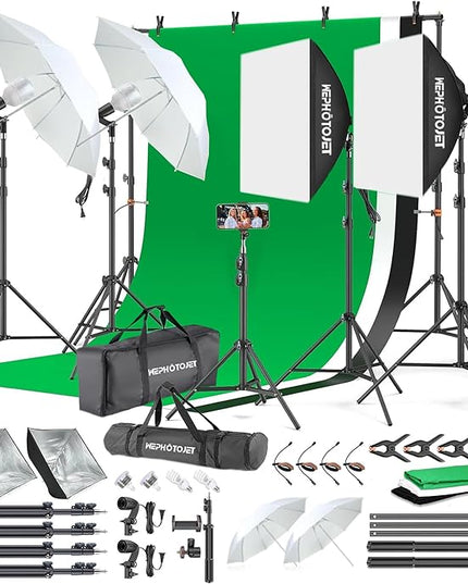 Photography Softboxes Kit with 8.5x10ft Backdrop Stands, 5 Tripod Stands, 3 Color Background Screen, Softbox with 85W Led Bulb, Photo Studio Equipment for Video Shoot, Product & Portrait