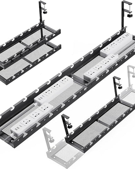 31Inch Extendable Under Desk Cable Management Tray Multi-Model Metal Cable Management Tray Under Desk Cord Management with Clamp Power Strip Cord Holder for Wire Cable Management