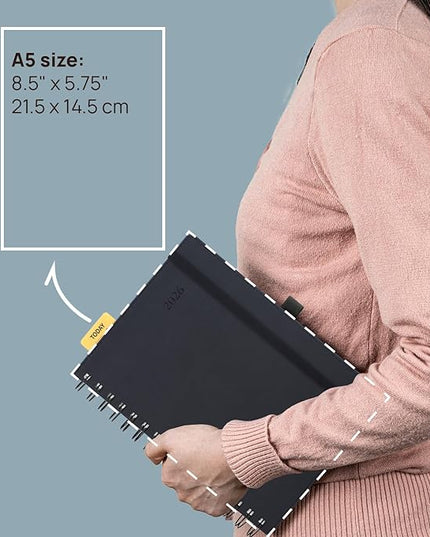 POPRUN 2026 Daily Planner One Page per Day (Medium 6'' x 8.5'') - 12 Months Calendar Appointment Book with Hourly Slots, Inner Pocket, Monthly Tabs, Pen Holder - Black