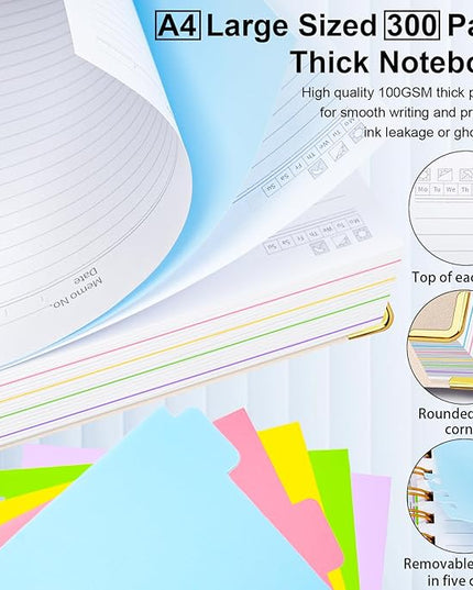 Hardcover Spiral Notebook 8.5"x11" Journal Notebook with Tabs and Removable Dividers 300 Pages 5 Subject Notebook College Ruled, Faux Leather Spiral Bound Notebook for Women School Work(White)