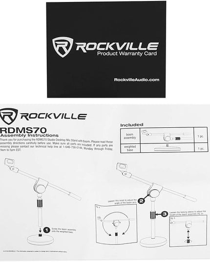 Rockville RDMS70 Desktop Microphone Stand with Boom Arm, Steel Round Base, Adjustable Height, Low Profile, Scratch-Resistant Finish, Anti-Slip Base, for Podcasting and Streaming