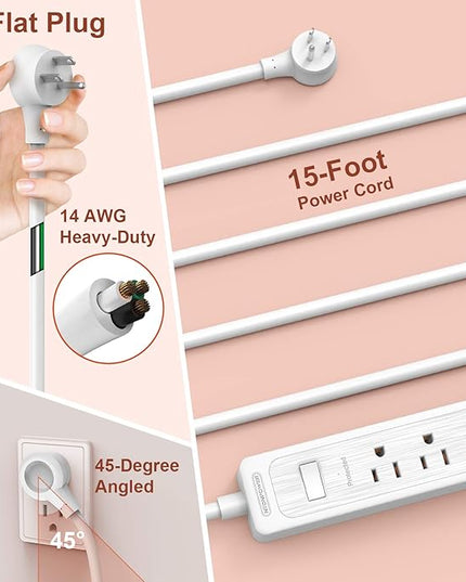 Extension Cord 15 ft, 6 Outlets Surge Protector Outlet, Heavy Duty Long Power Strip Flat Plug, 1875W Flat Plug, Widely Spaced Outlet, Wall Mount for TV Dorm Office Home Theater, White