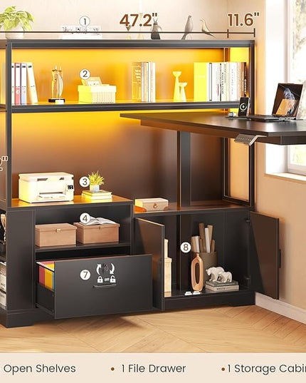 SEDETA 56.7" L Shaped Standing Desk, Reversible Computer Office Desk with Drawers & Hutch, Stand Up Corner Gaming Desks with LED Lights & Power Outlets for Home Office, Black