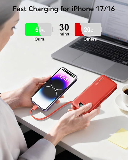 12000mAh Ultra-Portable-Charger-Power-Bank with Built in Cables&AC Wall Plug,PD20W USB-C Fast Charging Cell Phone Charger Battery Pack,LED Display Travel Battery Bank for All iPhone,Samsung,Android