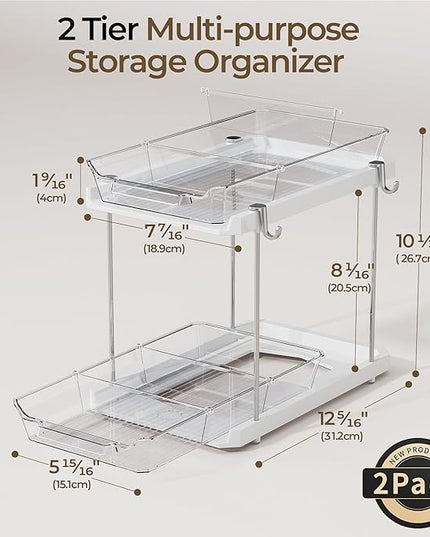 Delamu 2 Tier Bathroom Under Sink Organizers and Storage with Hook, Multi-Purpose Cabinet Drawers with Movable Dividers, Pull Out Organization for Countertop, Kitchen and Pantry(White, 2 Pack)
