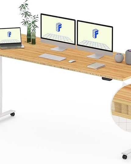 FLEXISPOT E6 MAX Bamboo 78x30 Inch Dual Motor 3-Stage Heavy Duty Standing Desk, 330lbs Weight Capacity, Height Adjustable Desk w/Cable Management & Wheels (Solid Bamboo Desktop + White Frame)