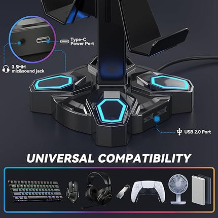 KDD Gaming Headphones Stand, Rotatable Headset Stand with Light Modes - Controller Holder with 2 USB Charging Ports and 3.5mm - Earphone Hanger Accessories for Desktop Gamer(Black)