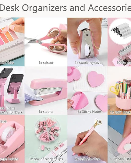 Office Supplies,Desk Accessories,with Stapler,Tape Dispenser,Staple Remover,Scissor,Ballpoint Pen,Sticky Notes,Clear Tape,Staples,Desk Organizer,Phone Stand,Binder,Index Tabs,Best gift set(Pink)