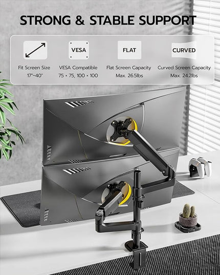 ARES WING Dual Monitor Mount - Ultrawide Monitor Arm for 17 to 40 Inch Heavy Duty Curved Screen Up to 26.4 lbs with Clamp/Grommet Desk Mount, 75/100 Vesa Mount, Black
