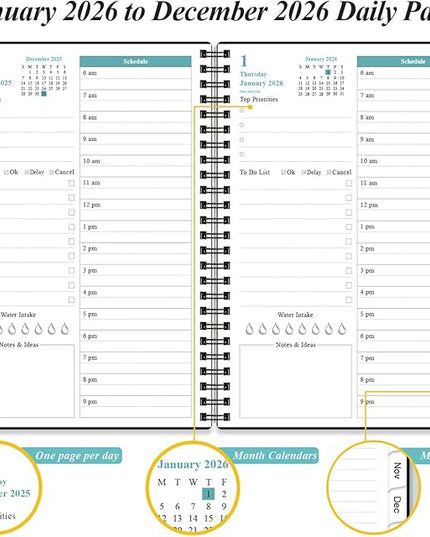 Daily Planner 2026 Full Page Per Day- 2026 Daily & Monthly Planner from January 2026 to December 2026, Day Planner 2026 with 12 Months Tabs, 6.4" x 8,5", Black