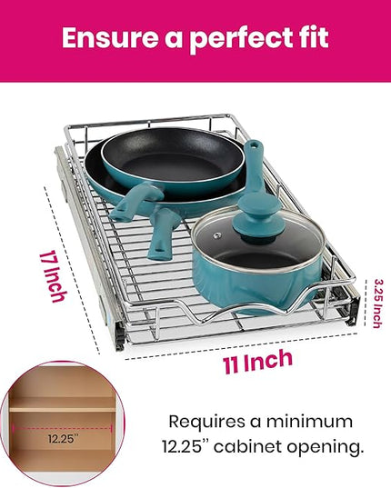 HOLD N' STORAGE Pull Out Cabinet Organizer, Heavy Duty-w/Lifetime Limited Warranty -11”W x 17”D-Requires At Least 12-1/4” Cabinet Opening, Steel Metal Cabinet Drawers Slide Out, Chrome Finish