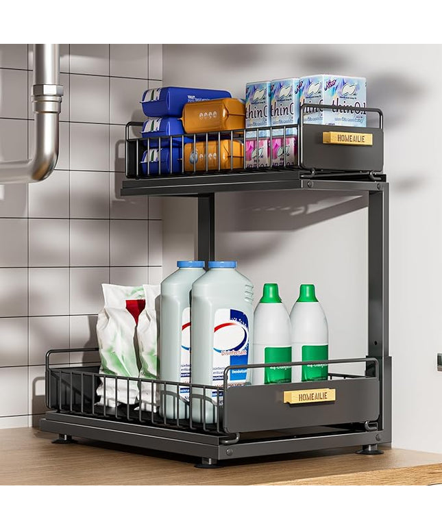 Under Sink Organizer, High Adjustable 2 Tier Under Kitchen Sink Organizer, Multi-Purpose Storage Shelf for Kitchen Bathroom Cabinet, Black