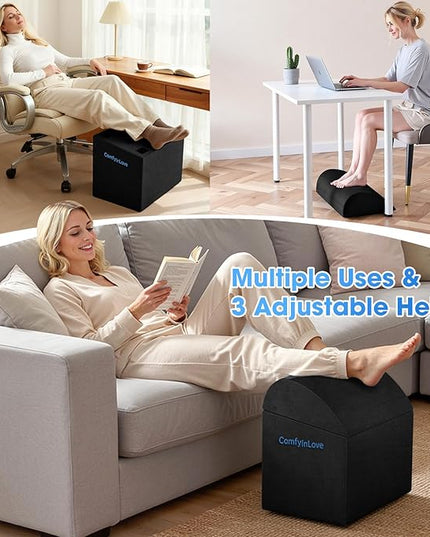 Foot Rest for Under Desk at Work - Non-Slip Foot Stool with 3 Adjustable Heights, Ergonomic Under Desk Footrest with Washable Cover for Desk, Home, Office, Car (Black)