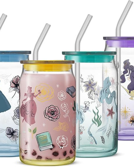 JoyJolt Disney Princess Icon Glass Tumblers with Lids and Straws, 16oz Glass Cups with Lids and Straws ft Princess Jasmine Ariel Cinderella Belle, 4pc Can Shaped Drinking Glasses, Iced Coffee Cups