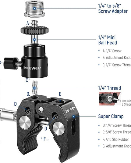 NEEWER Mini Articulated Ball Head with Crab Clip Mic Holder with 1/4" to 5/8" Thread, Compatible with SmallRig Camera Cage and Microphones, Support up to 3.3 lbs