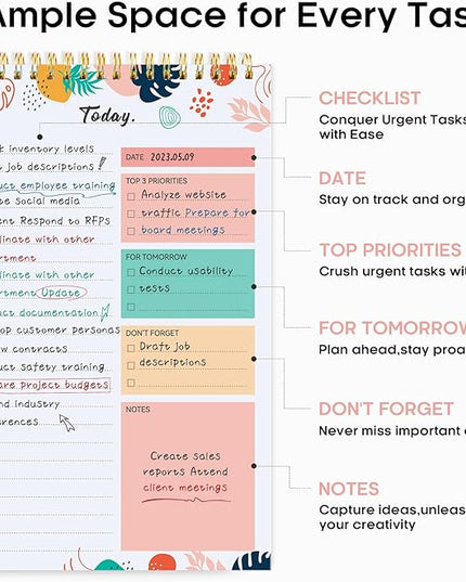Taja To Do List Notepad - To Do List Notebook for Work with 52 Sheets, 9.8" x 6.5", Undated Daily Planner Perfect for Daily Tasks and Goal Setting, Notepad Suitable for Office, Home & School - Blossom Grove