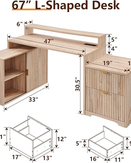 JXQTLINGMU 67" Modern L Shaped Desk with Storage Cabinet & Drawers, Wood Home Office Desk with Power Outlets, Fluted Computer Writing Desk, Natural Oak