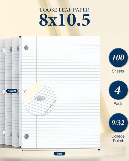 PINJINGPRO College Ruled Loose Leaf Paper, 3 Hole Punch Paper 8 x 10.5, Notebook Paper, Filler Paper for 3 Ring Binders, Lined Paper College Ruled, 100 Sheets/Pack Writing Paper With Lines (4 Pack)